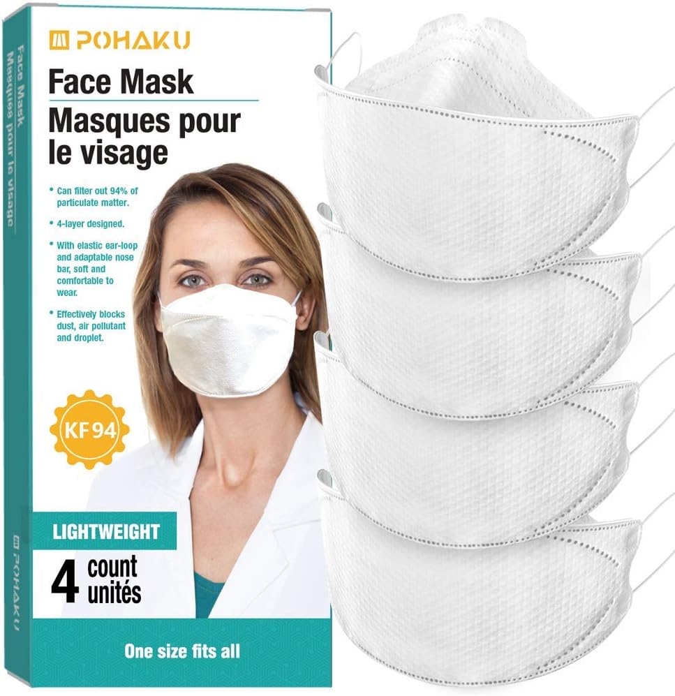 POHAKU KF94 Face Mask (Korean Standard), 3D Premium Safety Masks with Shanghai CDC Test Passed for Protection (4pack)