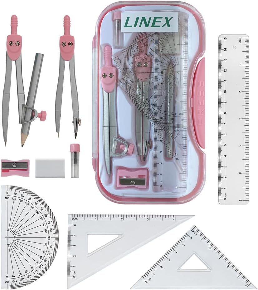 Linex Geometry Set 10-Piece Exam Kit Pink with Self-Centring Compasses Case