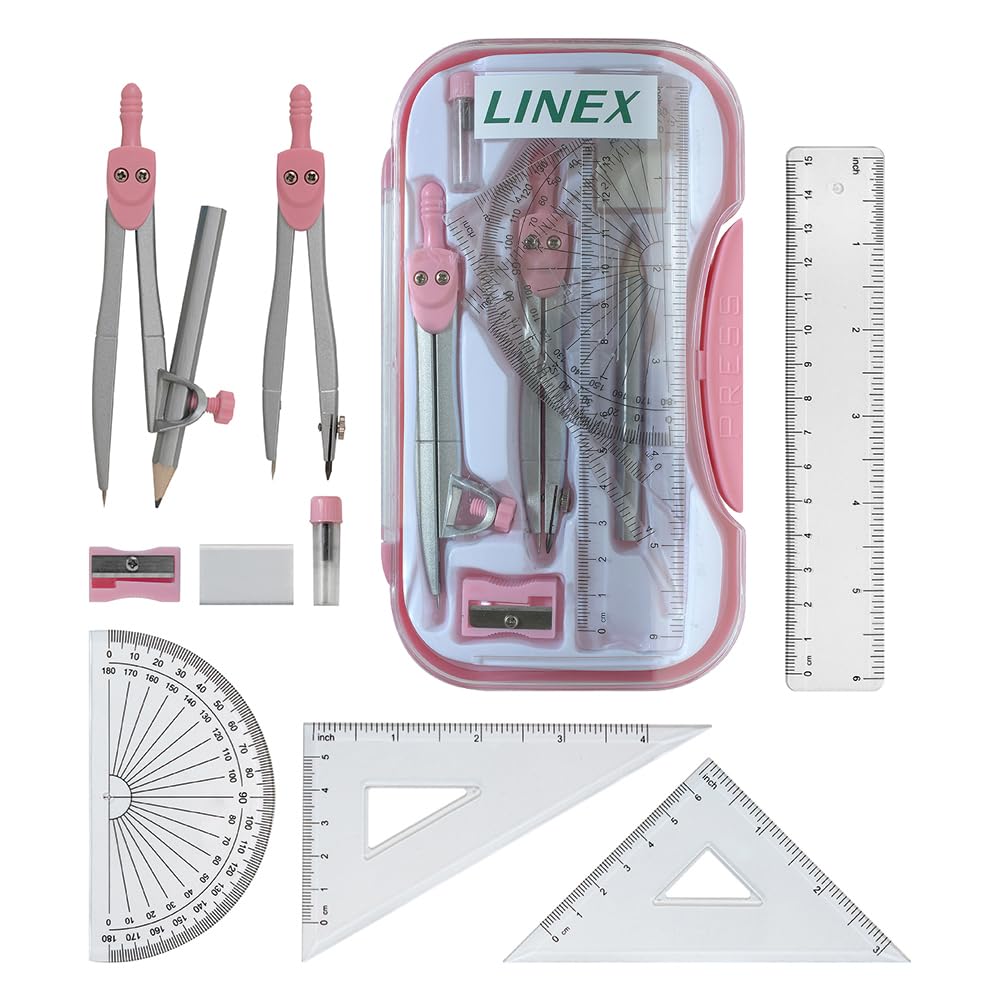 Linex Maths Geometry Set, 10-Piece Exam Kit with Transparent Case, Pink, Includes Self-Centring Compasses, Protractor, Ruler, Set Squares & Eraser