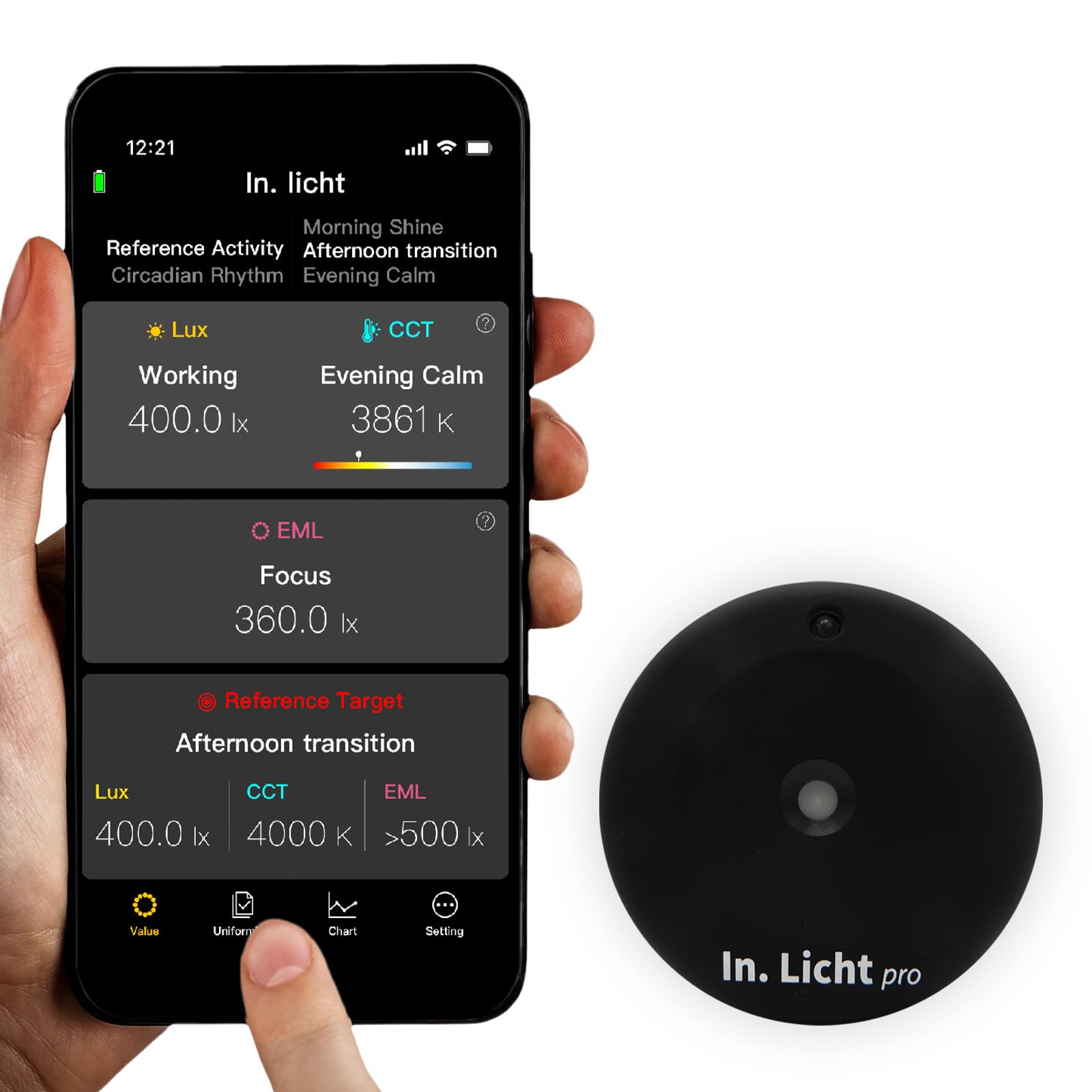 In. Licht Pro Handheld Light Meter EML Light Meter Sensor for Lumens, Lux, Color Temperature CCT, Contrast and Uniformity, Measurement for Architectural Interior Lighting Design Well Healthy, Black