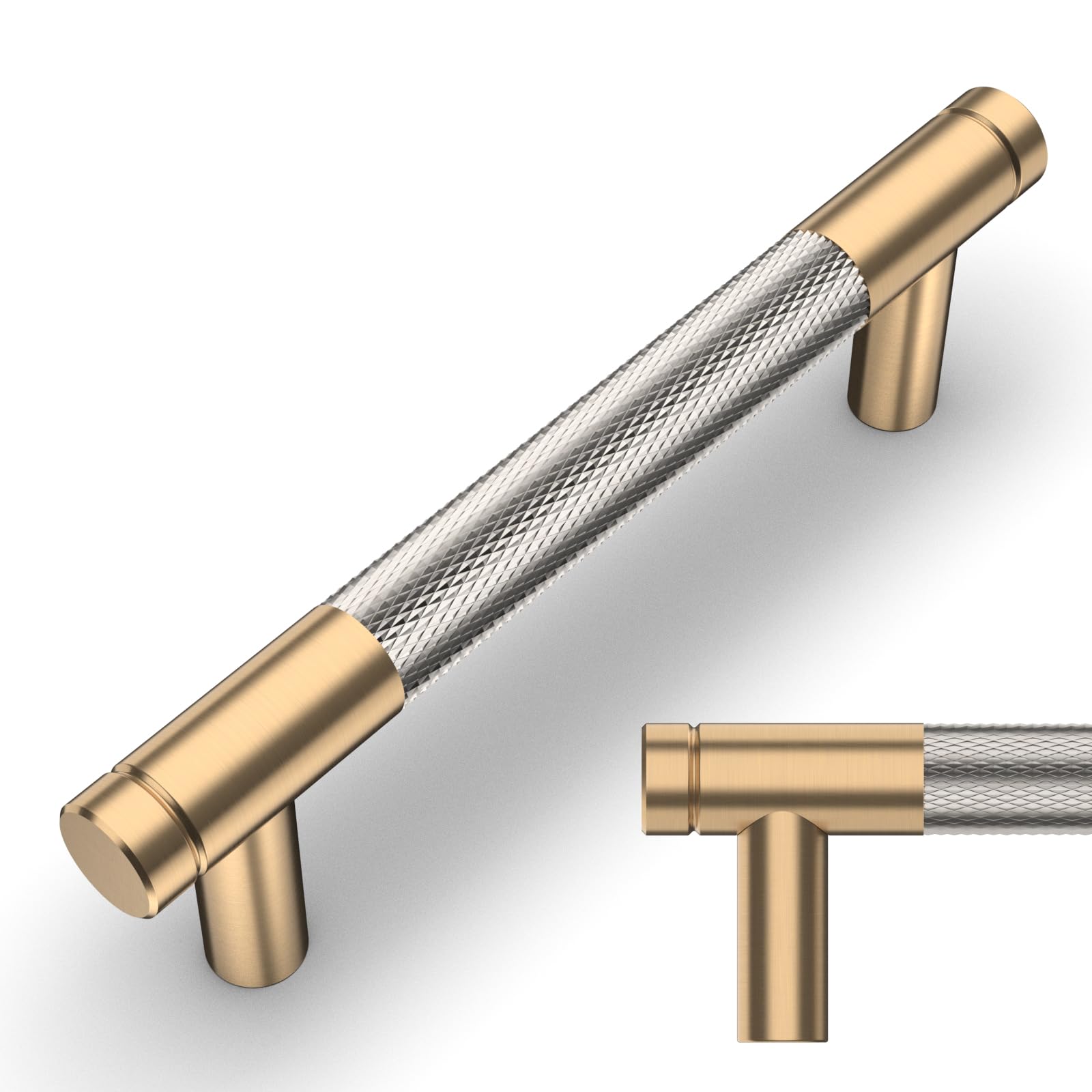 Amerdeco 10 Pack Champagne Bronze and Brushed Nickel Knurled Cabinet Pulls 96mm Hole Center to Hole Center Kitchen Cabinet Handles for Drawer Dresser, Cupboard and Wardrobe AM003