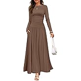 ZESICA Women's Long Sleeve Fall Maxi Dress 2026 Crewneck Knit Casual Slim Swing Pleated Dresses with Pockets