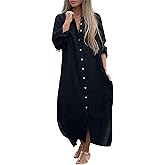 utcoco Summer Dresses for Women 2025 Casual Loose Split Long Sleeve Button Down Maxi Shirt Dress