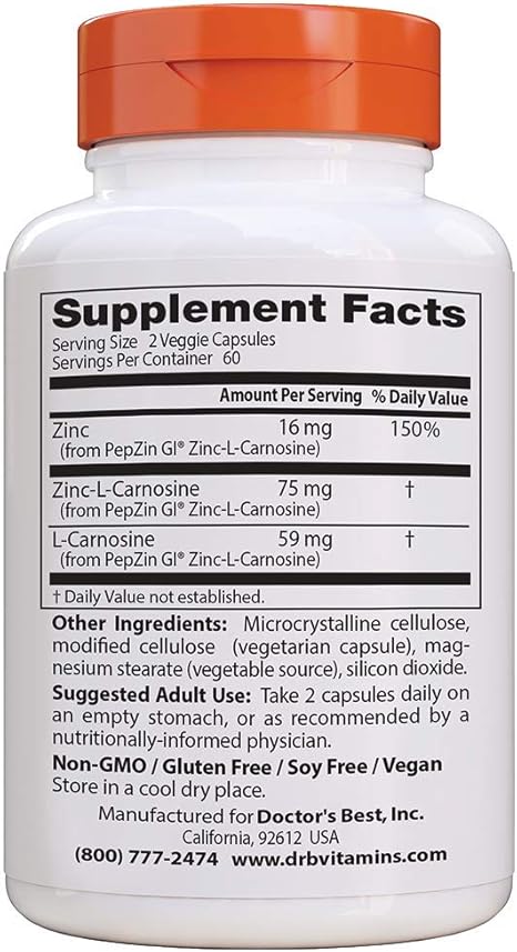 Amazon Com Doctor S Best Pepzin Gi Zinc L Carnosine Complex Non Gmo Vegan Gluten Free Soy Free Digestive Support 120 Veggie Caps Health Personal Care