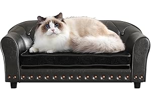 Yoonnie room Dog Couch,Puppy Bed,Cat Sofa,Cat Couch,Pet Sofa,Dog Chair,Small Pet Bed with Copper Nail and Wooden Frame, Leather Fabric and Cushion,for Small Animals Using (Black)