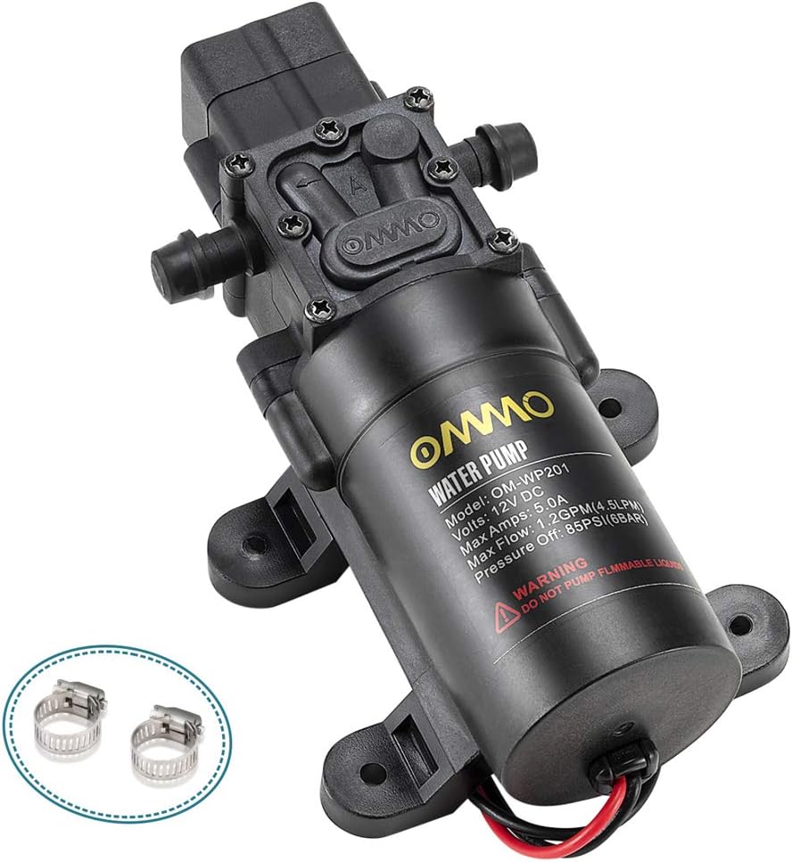 OMMO 12V DC Fresh Water Pump, 60W RV Diaphragm Pump with 2 Hose Clamps, 4.5 L/Min 1.2 GPM 85 PSI Self Priming Sprayer Pump with Pressure Switch for RV Marine Boat Lawn