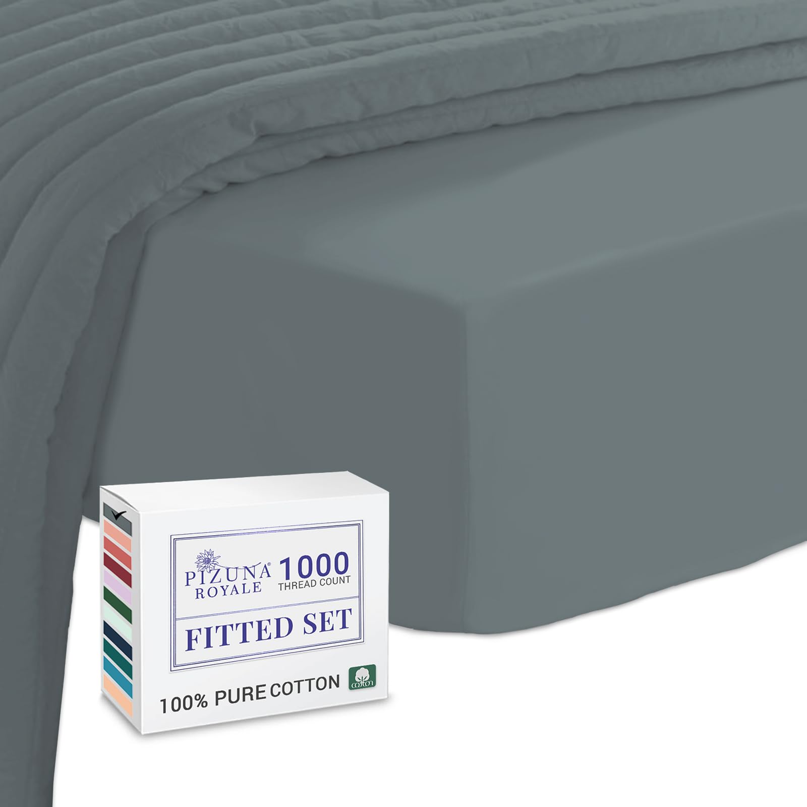 Pizuna Luxurious Cotton EU Single Fitted Sheet Dark Grey, 1000 Thread Count 100% Long Staple Cotton Fitted Sheet Single Bed 90 X 200cm, Sateen Weave Thick Fitted Sheet Extra Deep 40 cm Fit - 1 PC