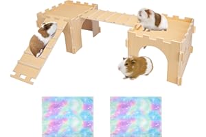 BESNEW Guinea Pig Hideout,Guinea Pig House with Stairs and Waterproof Mats,Guinea Pig Cages Wooden Accessories Toys for Small Animals Hamsters Bunny Chinchillas Hiding Playing,Easy to Clean(Double)