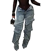 LETSVDO Women's High Waisted Cargo Jeans Straight Wide Leg Baggy Detachable Patchwork Asymmetrical Stretch Denim Pants