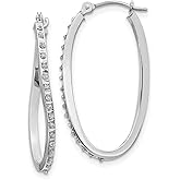 14k White Gold Oval Twist Hoop Earrings for Women with Sparkling Accent Diamonds, Twisted Polished Design, Fine Jewelry for Daily Wear or Formal Occasions, Elegant Lightweight Luxury Hoops 30x1 mm