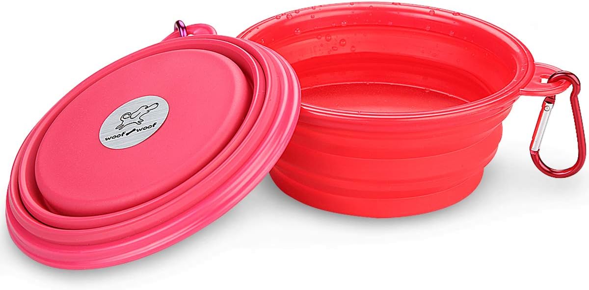 Collapsible Travel Dog Bowl, Portable Pet Cat Food Water Feeding Bowl, Set of 2 (Pink and Red)
