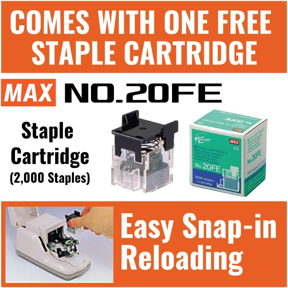 MAX USA CORP. EH-20F EH-20F Flat Clinch Anti-Jam Elec Stapler and Stapler Cartridge, 25 Sheet Cap, Gray, 3.3" x 3.2" x 6.6" : Heavy Duty Desk Staplers : Office Products