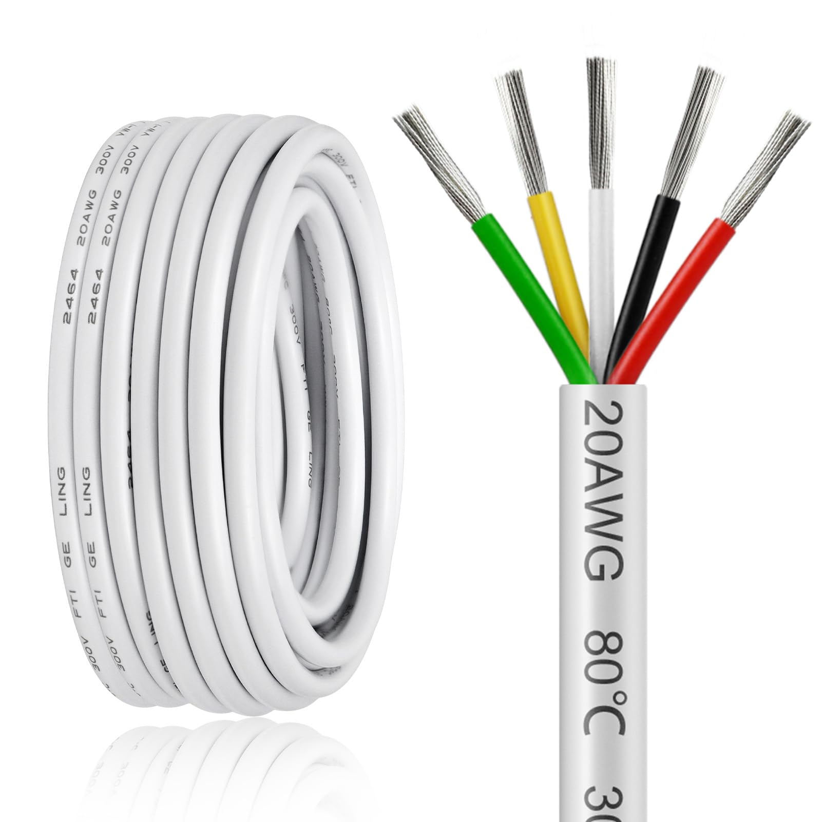 50FT 20 Gauge Wire 5 Conductor, 20AWG Electrical Wire, 20/5 Oxygen Free Stranded Tinned Copper Wire, Insulated Low Voltage Cable for LED Lamps Lights Automotive Image