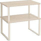 SONGMICS Cabinet Organizer Shelf, Set of 2 Kitchen Counter Shelves, Kitchen Storage, Spice Rack, Stackable, Expandable, Metal and Engineered Wood, Travertine Beige and Cream White UKCS020L01