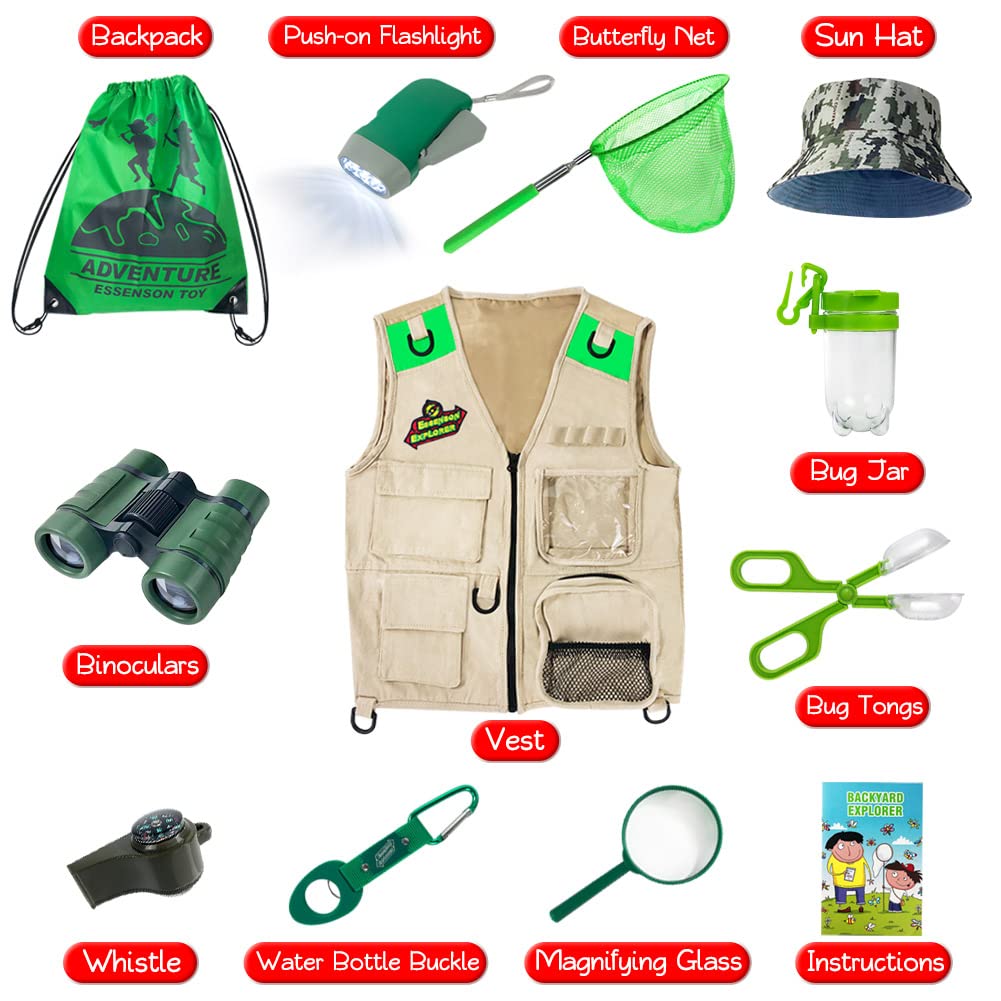 ESSENSON Outdoor Explorer Kit & Bug Catcher Kit with Vest, Outdoor Toy Gift for 3 4 5 6 7 8+ Year Old Boys Girls Kids Binoculars, Magnifying Glass, Butterfly Net, Camping, Adventure