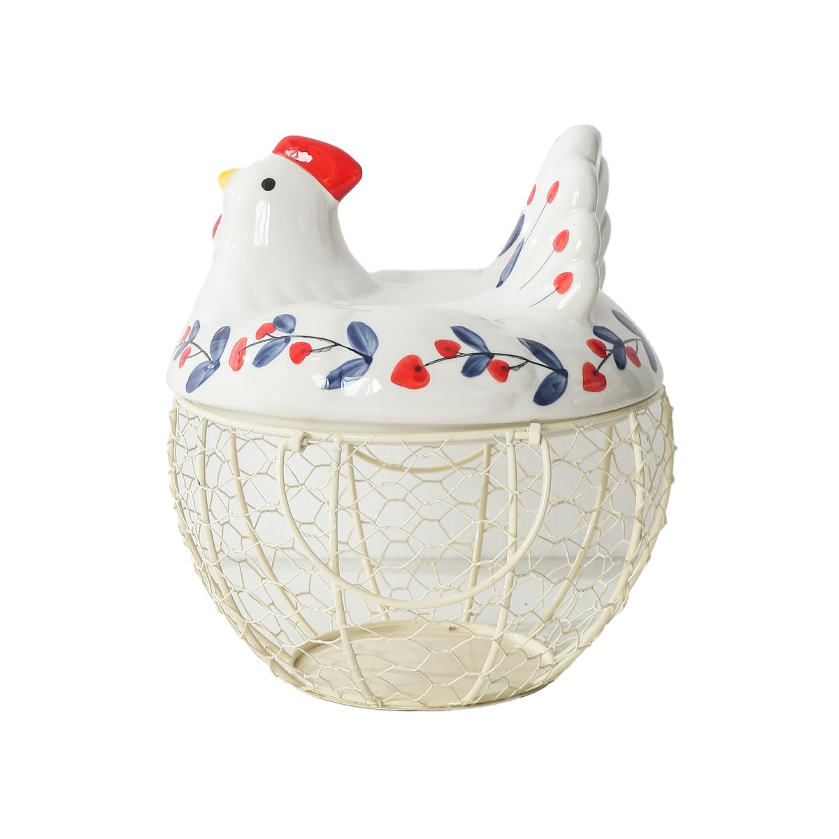 Chicken Egg Holder, Fresh Egg Storage Basket, Decorative Ceramic Lid with Wire Basket, Holds 2 Dozen Eggs