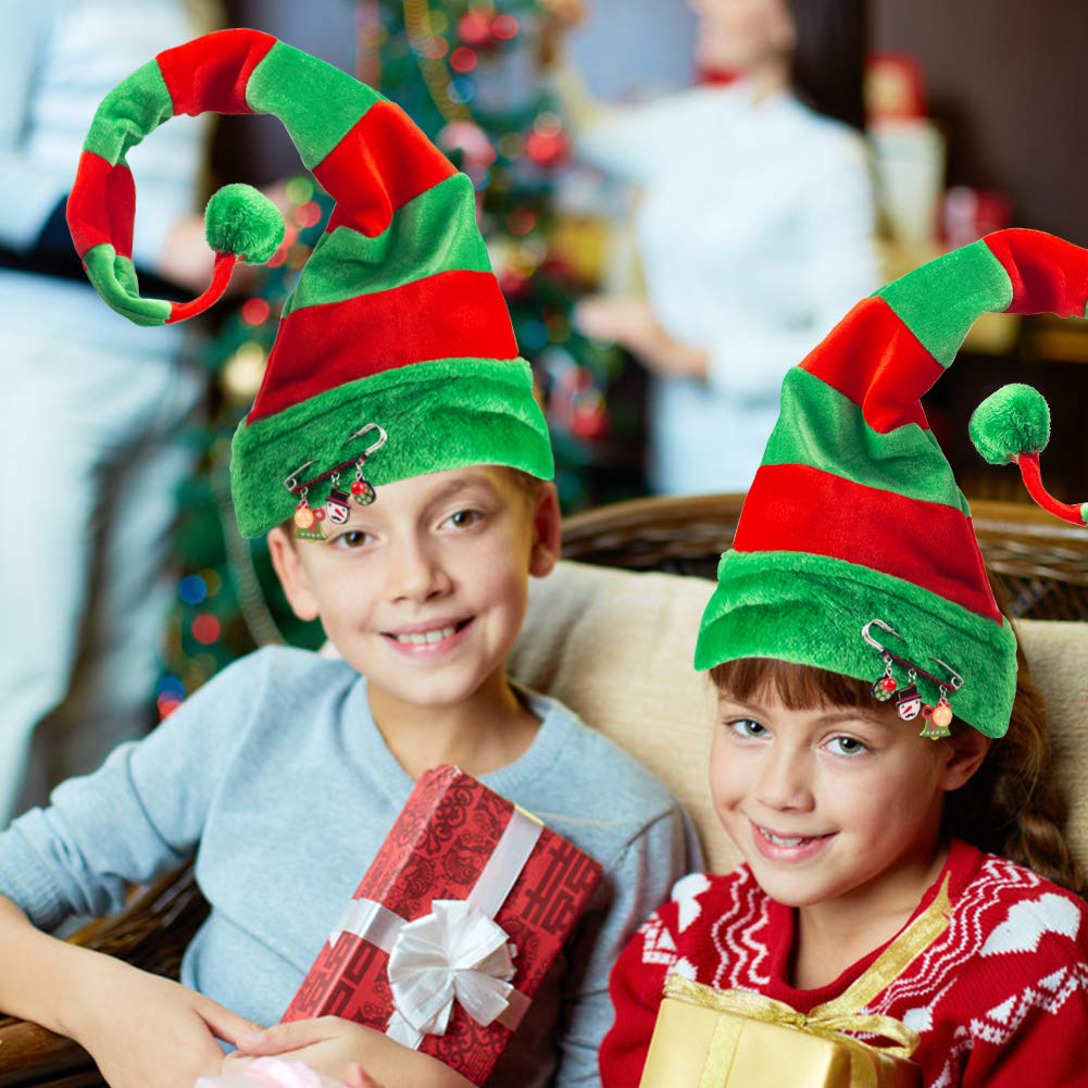 BigOtters Christmas Elf Hat, Long Striped Felt Hat with Cute Brooch Pin for Kids Adults