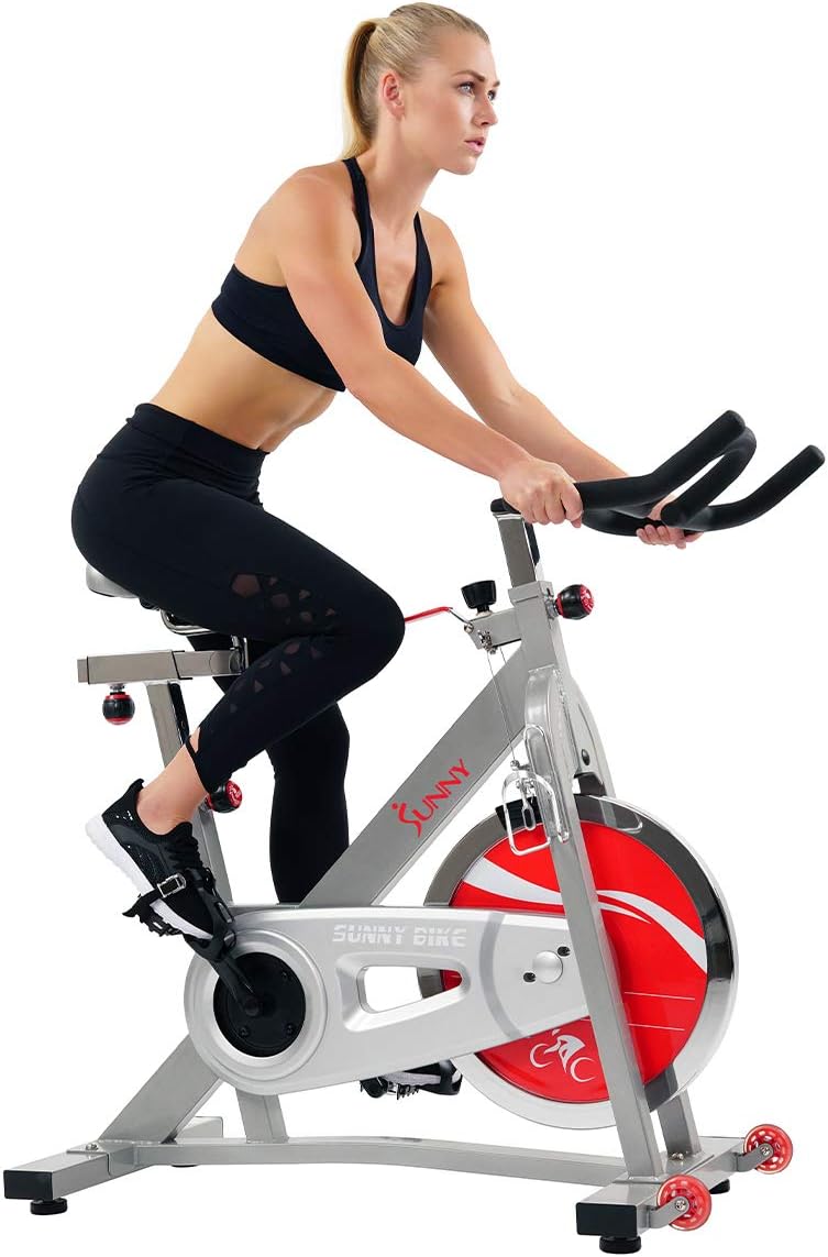 Sunny Health & Fitness Pro Indoor Cycling Bike with 40 LB Chromed Flywheel, Dual Felt Pad Resistance with Caged Pedals, Adjustable Seat and Handlebar, 275 LB Max Weight