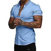 JMIERR Men's Muscle Fit Button Down Shirts Summer Casual Short Sleeve High Stretch Wrinkle-Free Shirt