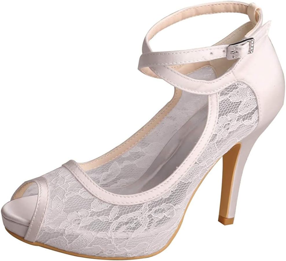 Wedopus MW7008 Women Peep Toe High Heel Platform Ankle Straps Lace Wedding Shoes Bridal