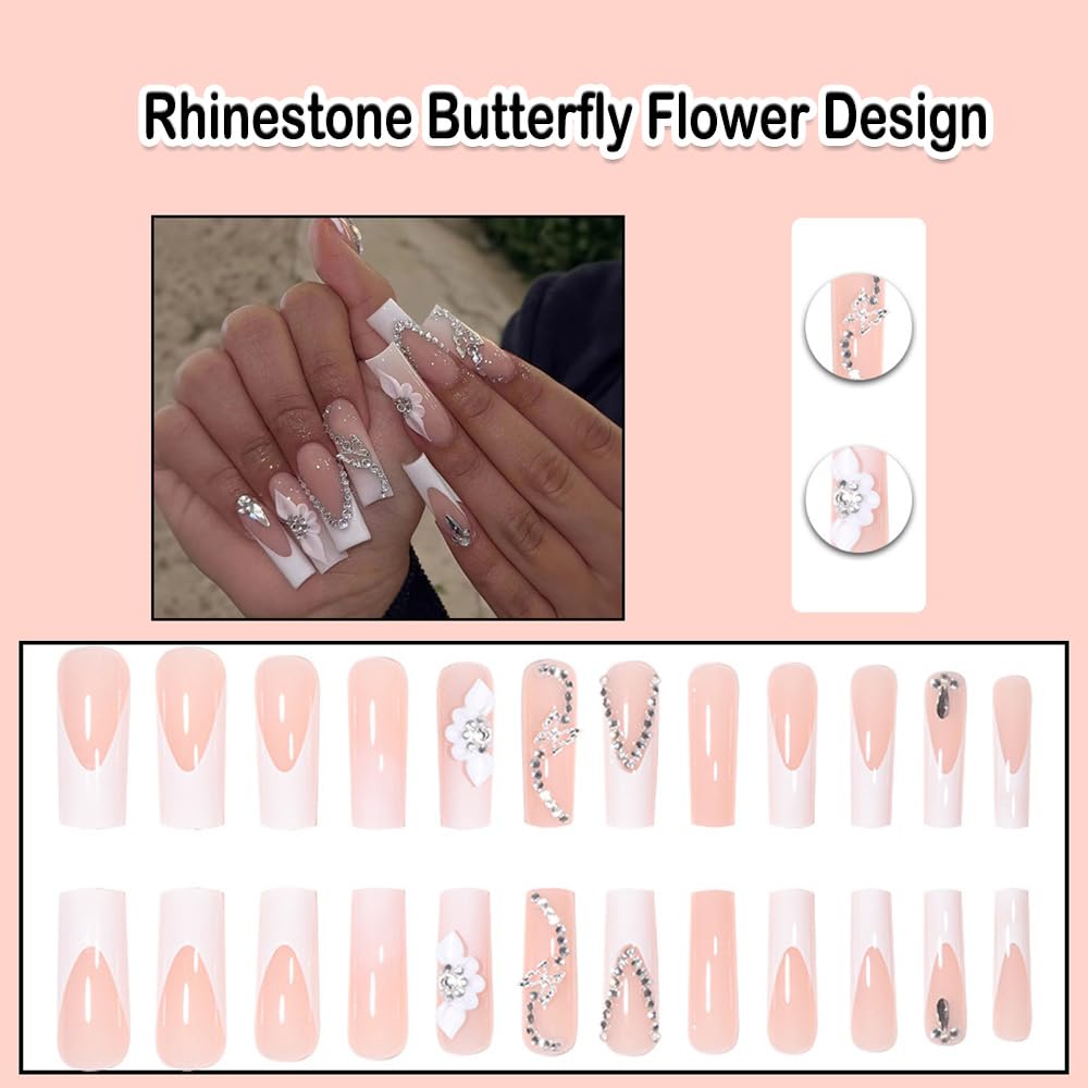 ANDGING French Tip Press on Nails Long Square White Fake Nails with Rhinestone Butterfly Flower Design Glue on Nails for Women Girls Acrylic False Nails with Glue Gel Stick on Nails for Birthday DH66 - Image 2