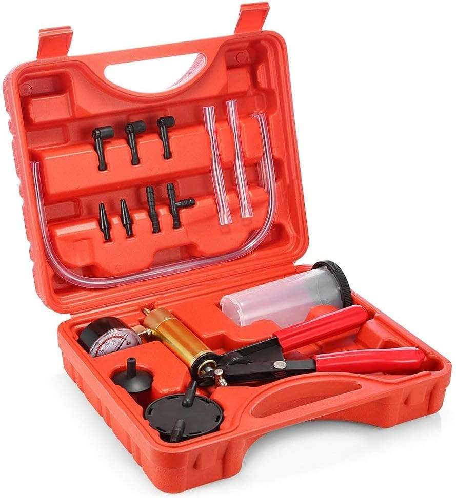 Hand Held Vacuum Pump Tester Set, PAVLIT Car Motorbike Vacuum Gauge and Brake Bleeder Kit,Fluid Bleeding Kit with Adapters, Carry Case and Metal Handle(Red)