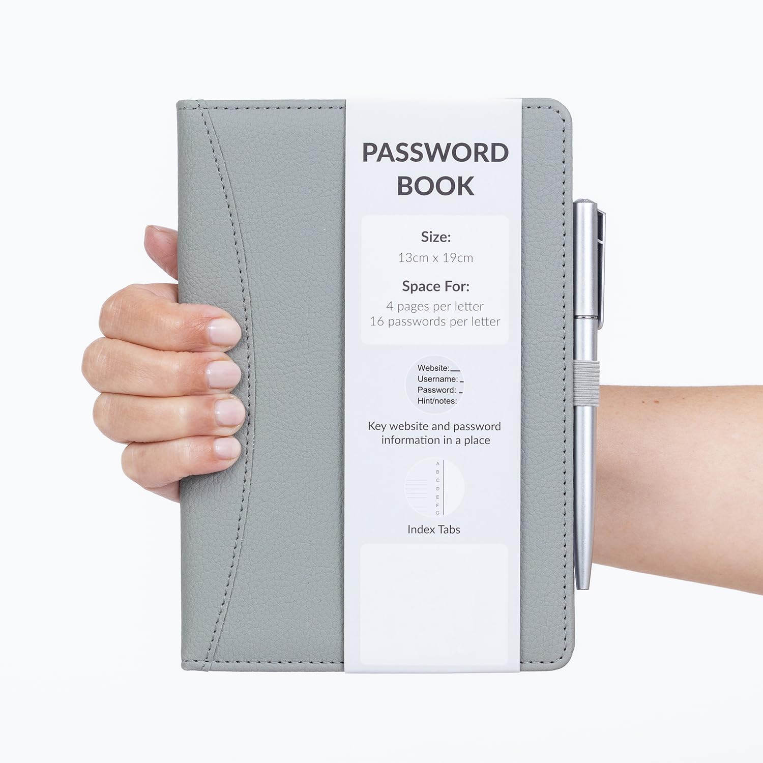 Password Book Alphabetical with Tabs - Secure Login Organiser for Websites, Username & Notes - Hardback A-Z Index Password Keeper with Pen (Grey)
