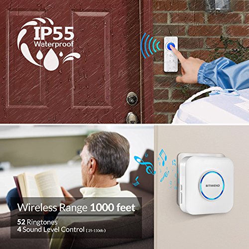 Wireless Doorbell Door Open Chime Kit BITIWEND Waterproof Doorbell plus Door Entry Alert with 52
