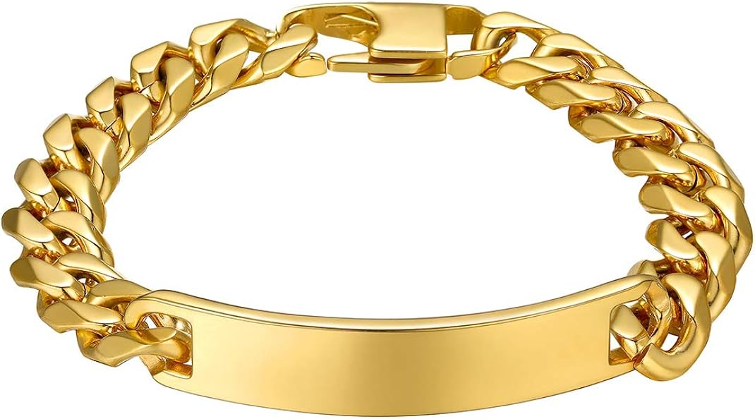 GoldChic Jewelry Men's Gold ID Bracelet, 10mm Name Cuban Chains with Nameplate For Boy, 10mm - Gold, 19cm