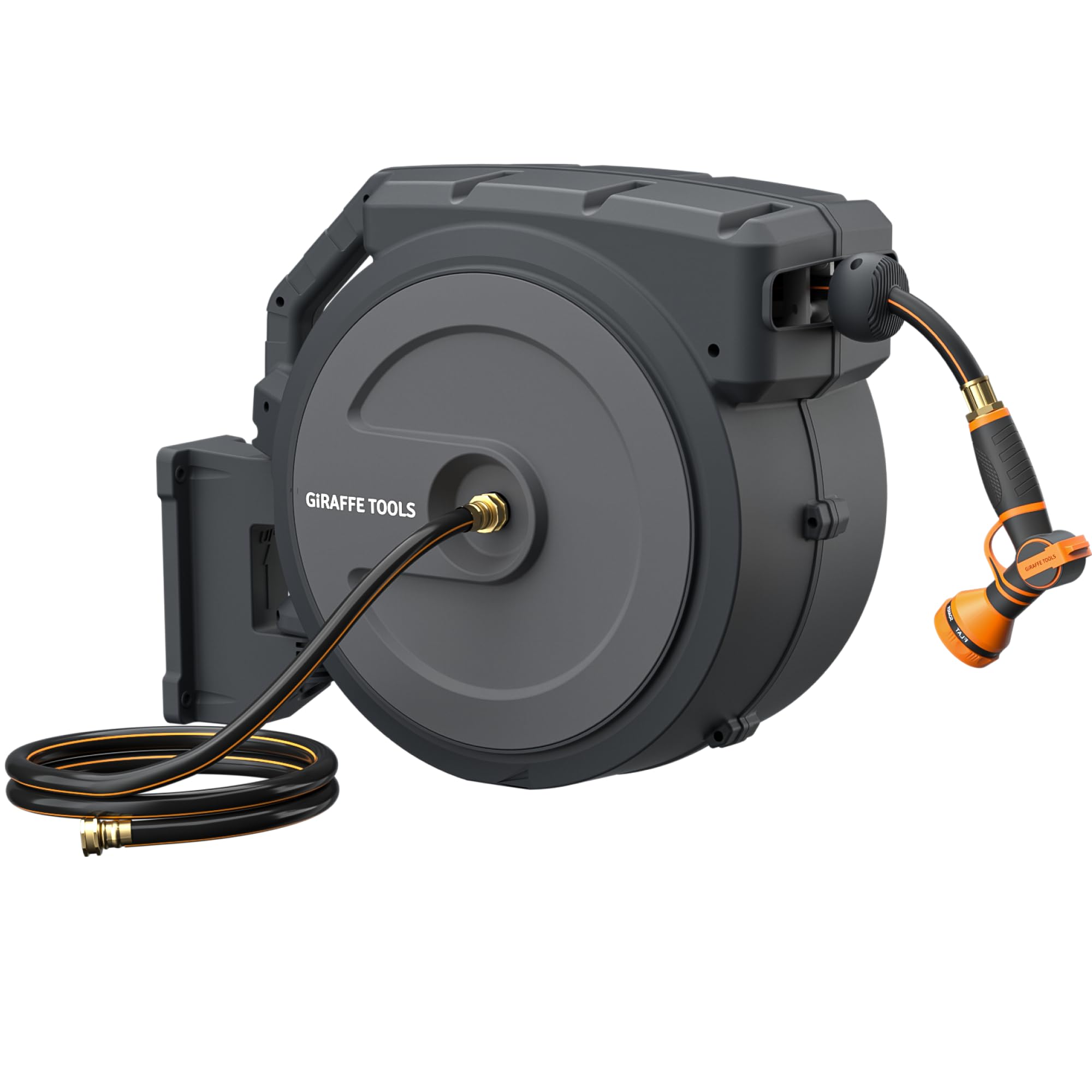 Photo 1 of ***DAMAGED*** Giraffe Tools AW40 Retractable Hose Reel 5/8" x 90 ft Wall Mounted Garden Hose Reel Heavy Duty, Automatic Rewind, 180 Deg Swivel, Any Length Lock, 9 Pattern Nozzle, 90 ft, Dark Grey