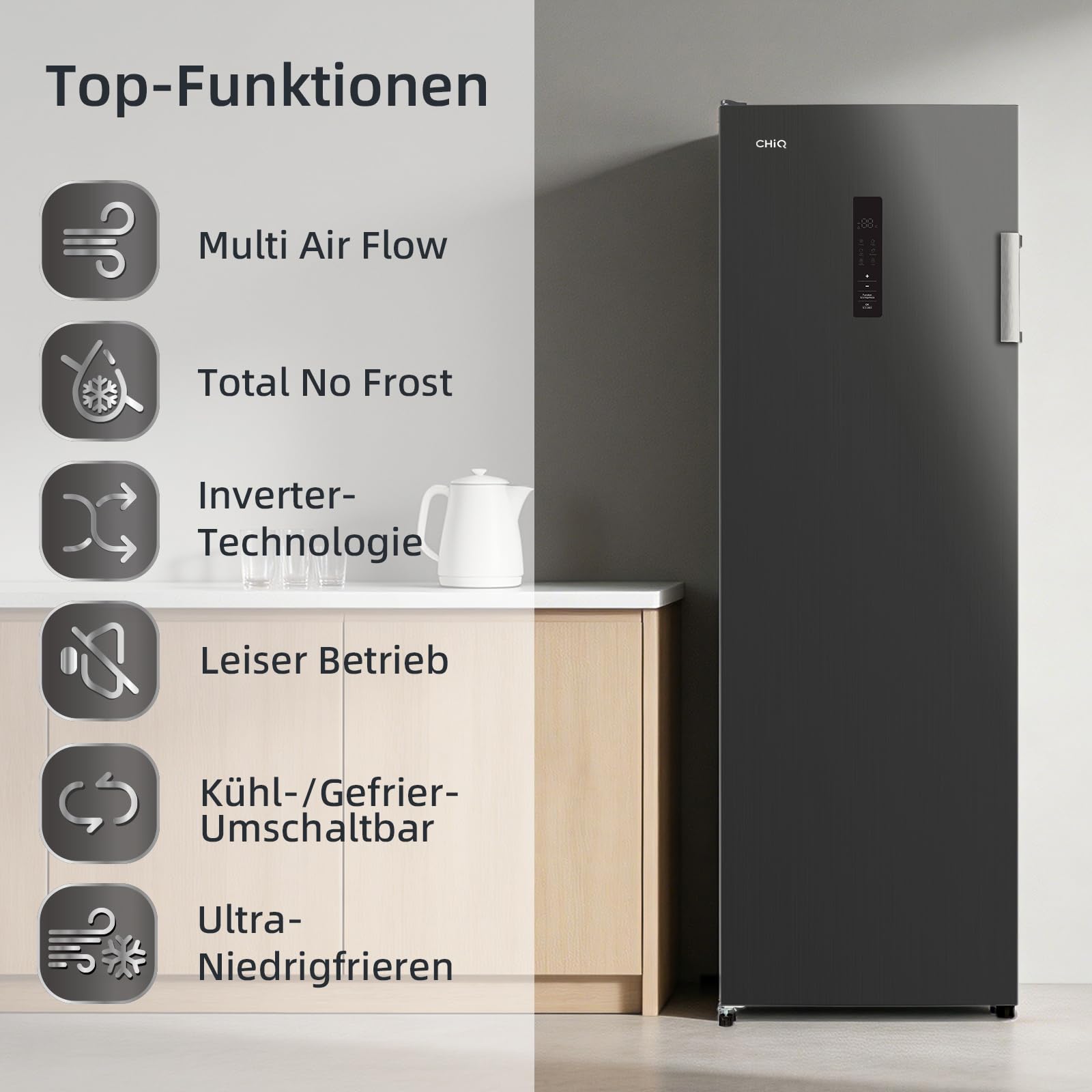 CHIQ Gefrierschrank, Kühlschrank, No Frost, 206L, 170 cm | Schnellgefrieren, Flexible Kühl- und Gefrierfunktion | -32°C Ultra-Niedrig, Tiefkühlschrank groß mit Touchdisplay, 178kWh/Jahr, CSD206NEID 3