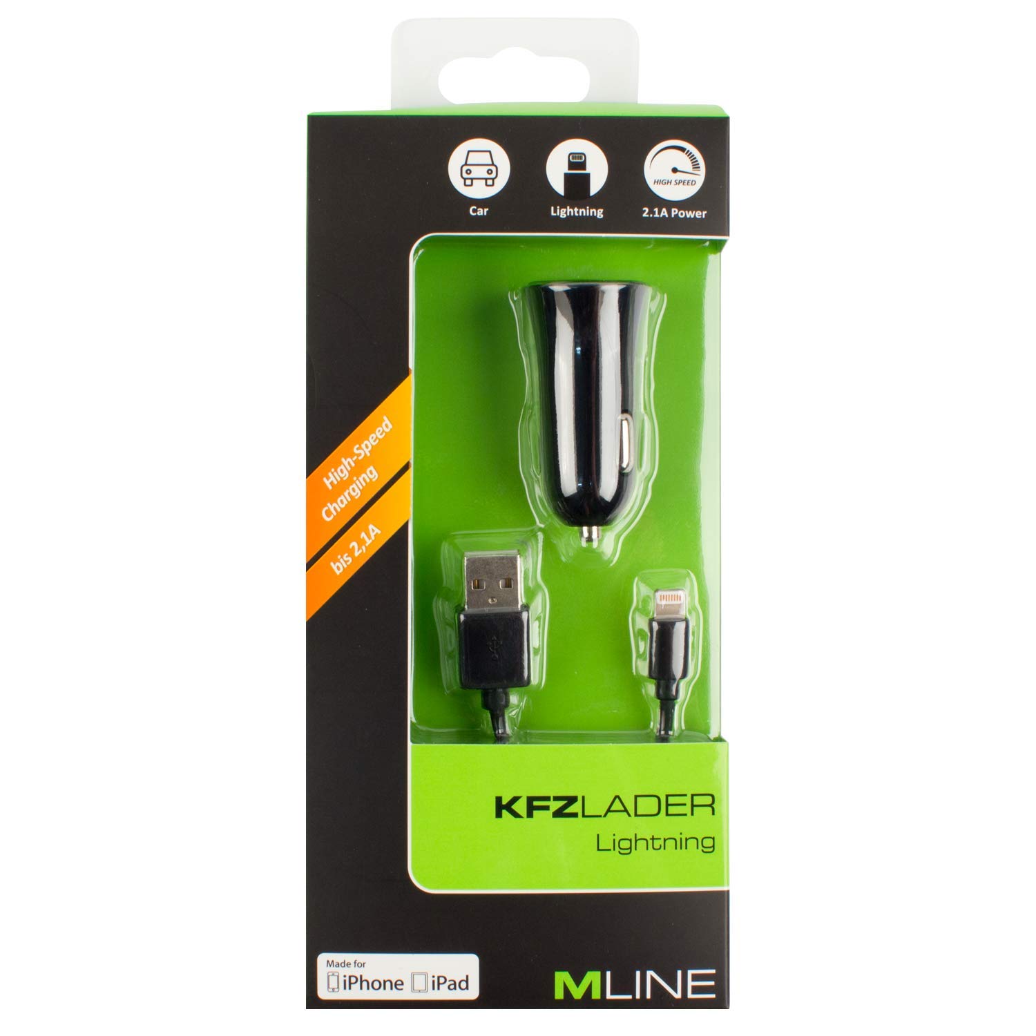 Car Charger Single USB 2.1 A & Charging & Data Cable for Apple Lightning Black