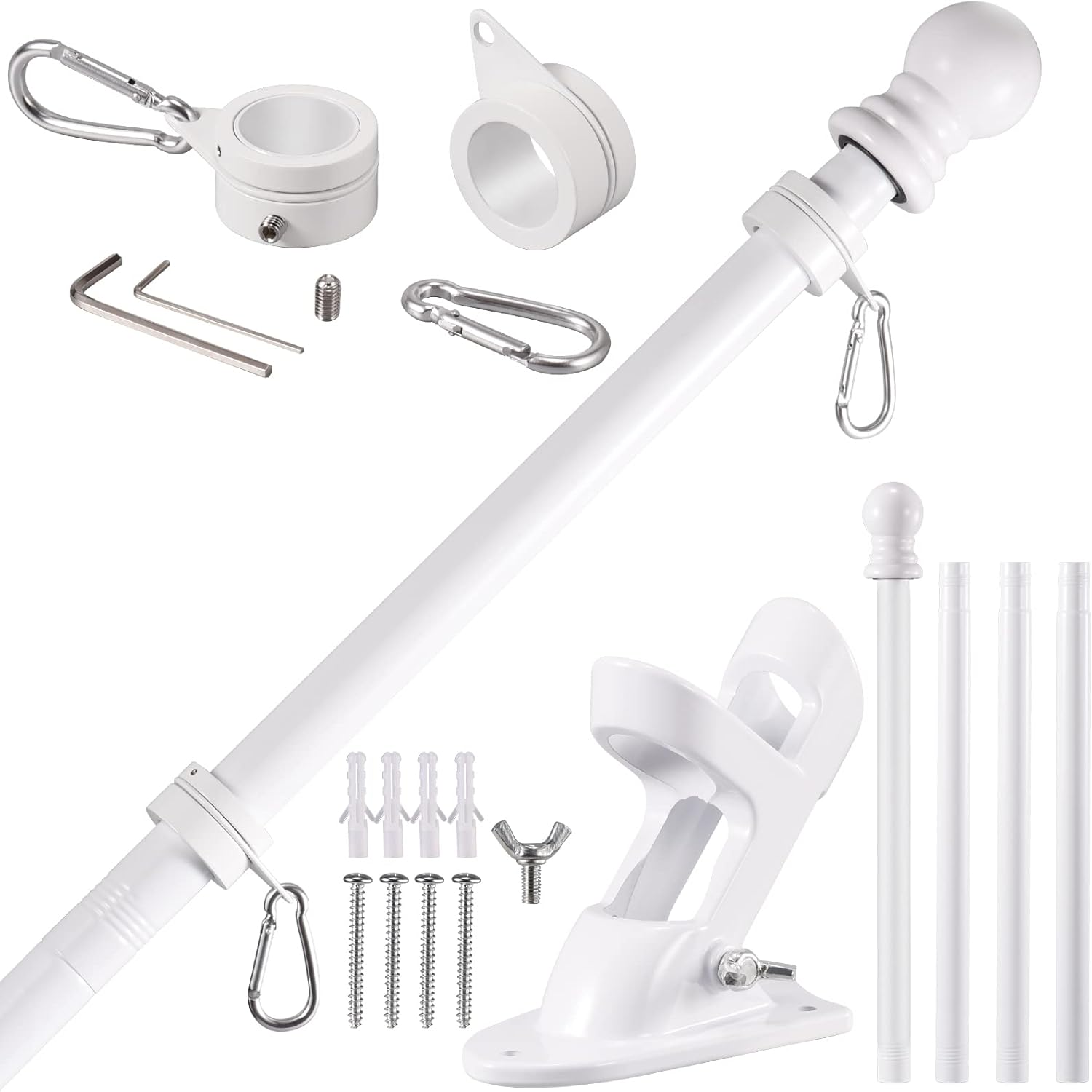 Flagpole Hardware - BONWIN White Flag Pole Kit for House, 5FT Thickened Stainless Steel Outside Wall Mount Flagpole for 3x5' Flag, 1