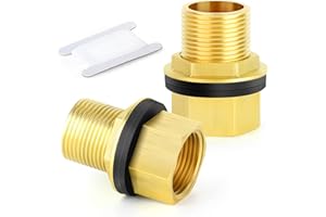 GASHER 2PCS Brass 1" Female 1" Male Bulkhead Tank Connector Adapter Fitting with Rubber Ring