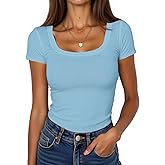 BIDITANLE Women's Ribbed Knit Short Sleeve T-Shirts Slim Fitted Scoop Neck Casual Summer Basic Top
