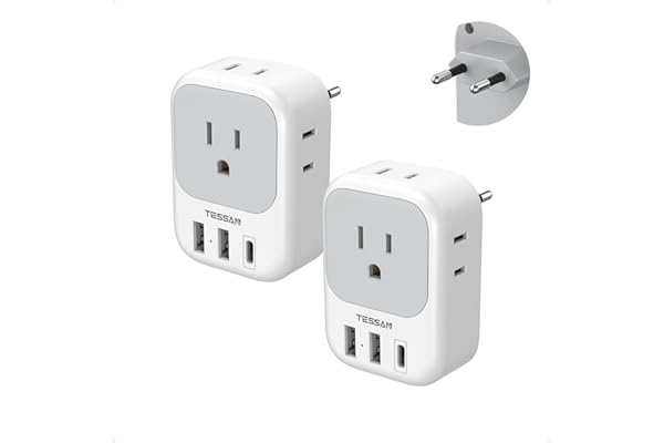 2 Pack European Plug Adapter USB C, TESSAN US to Europe Adapter 4 Outlets 3 USB Charger, Type C International Power Adaptor to Italy Spain France Portugal Iceland Germany, Europe Travel Essentials
