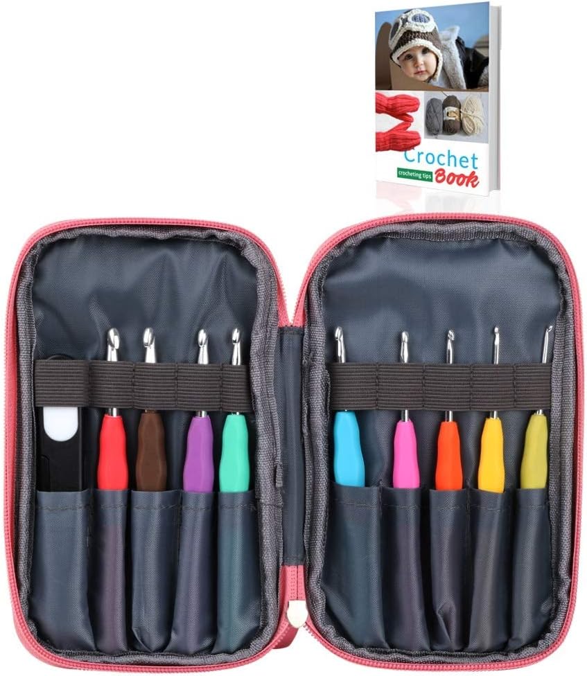 Ergonomic Crochet Hooks Knitting Set with Case and Crochet Accessories for Arthritic Hands Beginner Crocheter, 9pcs Crocheting Needles with Comfortable Grip Handles for Any Patterns and Chunky Yarns