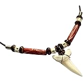 Swimmi Genuine Mako Shark Tooth Necklace for Men, Handmade Wooden Beads adjustable Waxed Cords Shark Tooth Necklace for Women Jewelry EA201