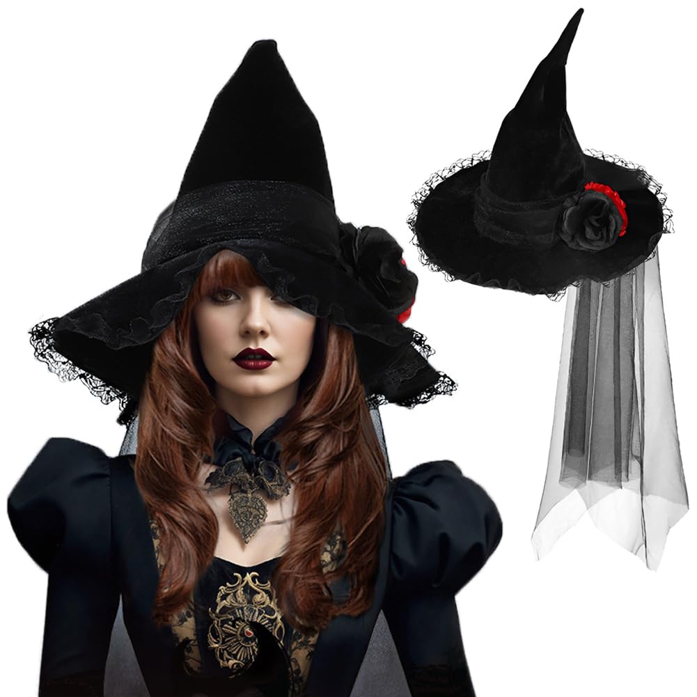 Women's Halloween Witch Hat With Long Veil - Gothic Floral Pointed Wide Brim Black Velvet Ruched Wizard Costume Hat With Rose Flower Headwear for Halloween Cosplay Party Fancy Dress Costum
