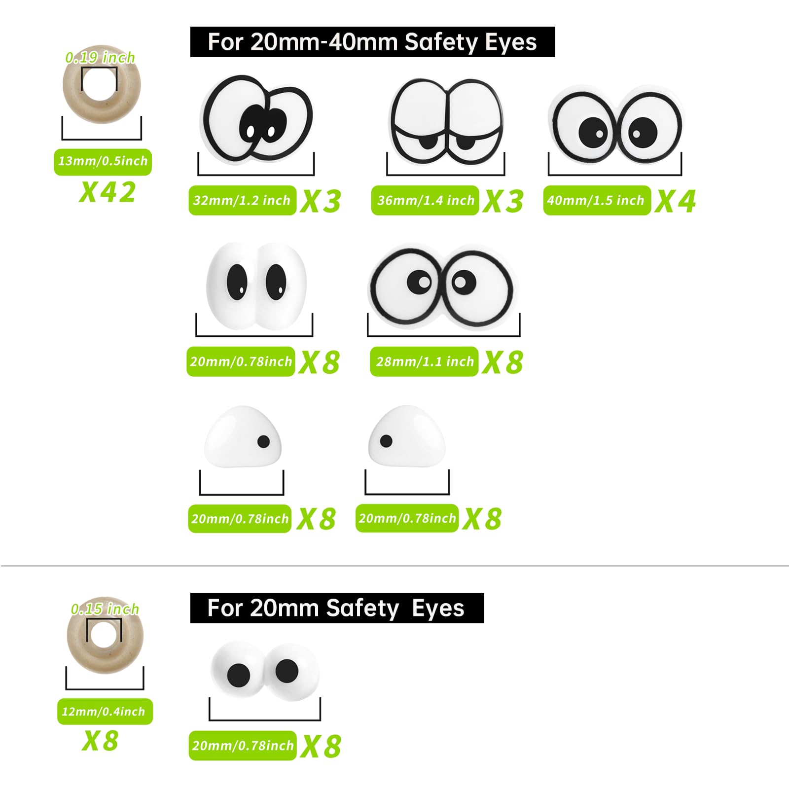 100pcs Safety Eyes for Amigurumi Crochet and DIY Clay Decor, MU TU HD 20-40 mm 8 Styles Plastic Large Crochet Eyes Puppet Craft Eyes with Washers for Crocheting Doll
