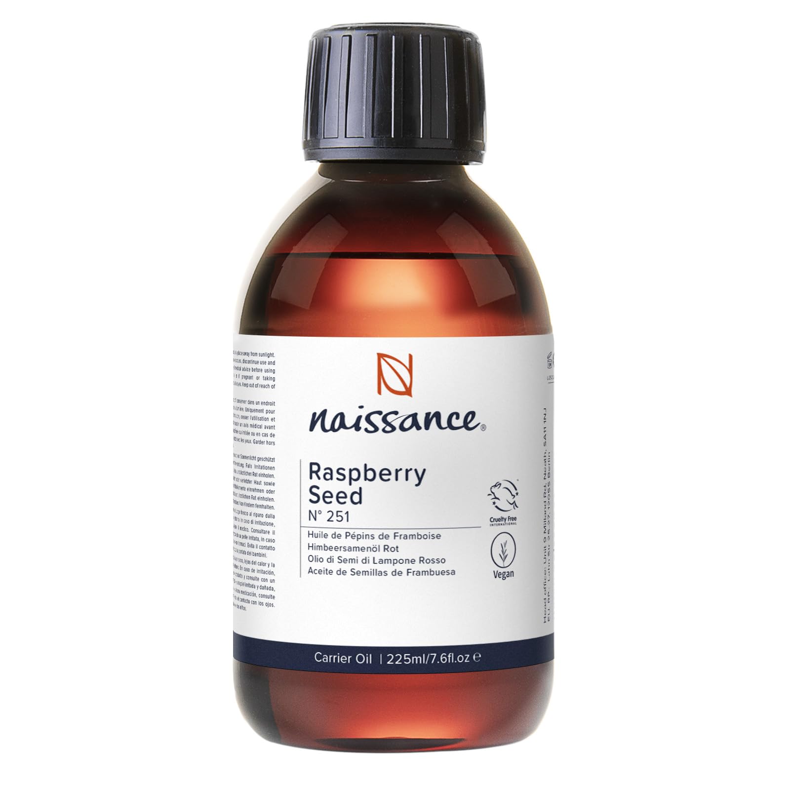 Naissance Red Raspberry Seed Oil (No. 251) - 225ml - Natural, Cold Pressed, Vegan - for Aromatherapy, Massage Base Oil, DIY Beauty Recipes