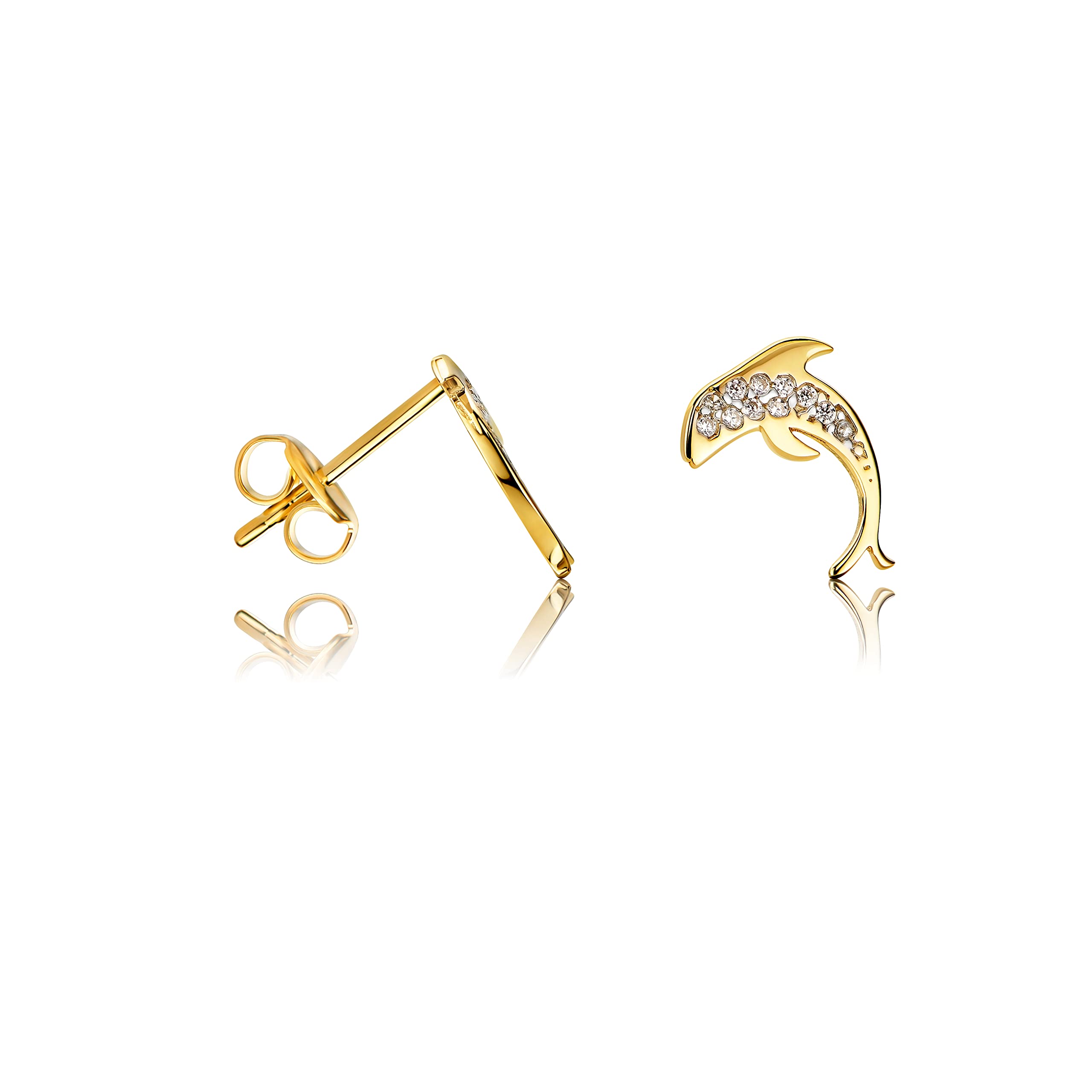 14ct Small Dolphin Stud Earrings Made from 585 Yellow Gold with Cubic Zirconia