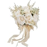Meldel 8.66 Inch Wedding Bouquets for Birde Bridesmiads, Bridal Bouquet for Birde Wedding, White Champagne Artificial Roses Flowers Wedding Decoration
