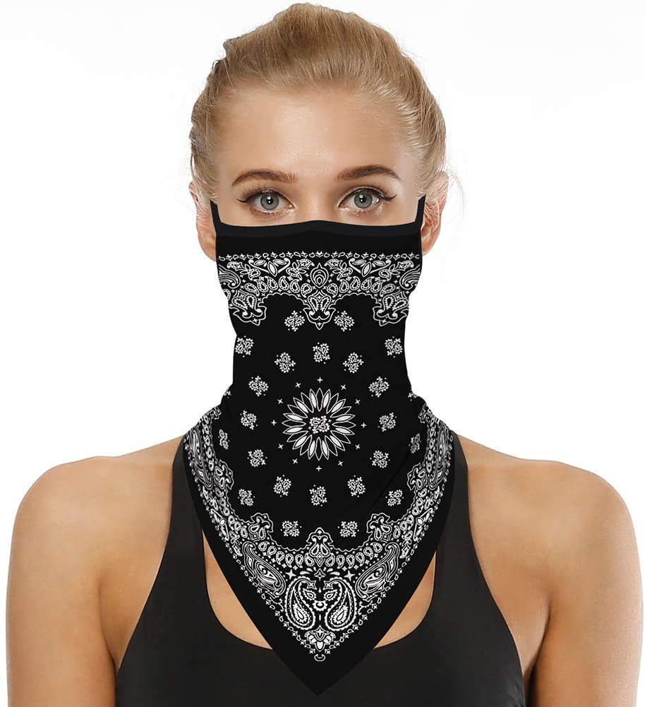N&D Unisex Bandana Fabric Face Mask UK Stock Washable Balaclava with Earloops Neck Scarf Dust Wind Cycling Mask Women Men Outdoor (black)