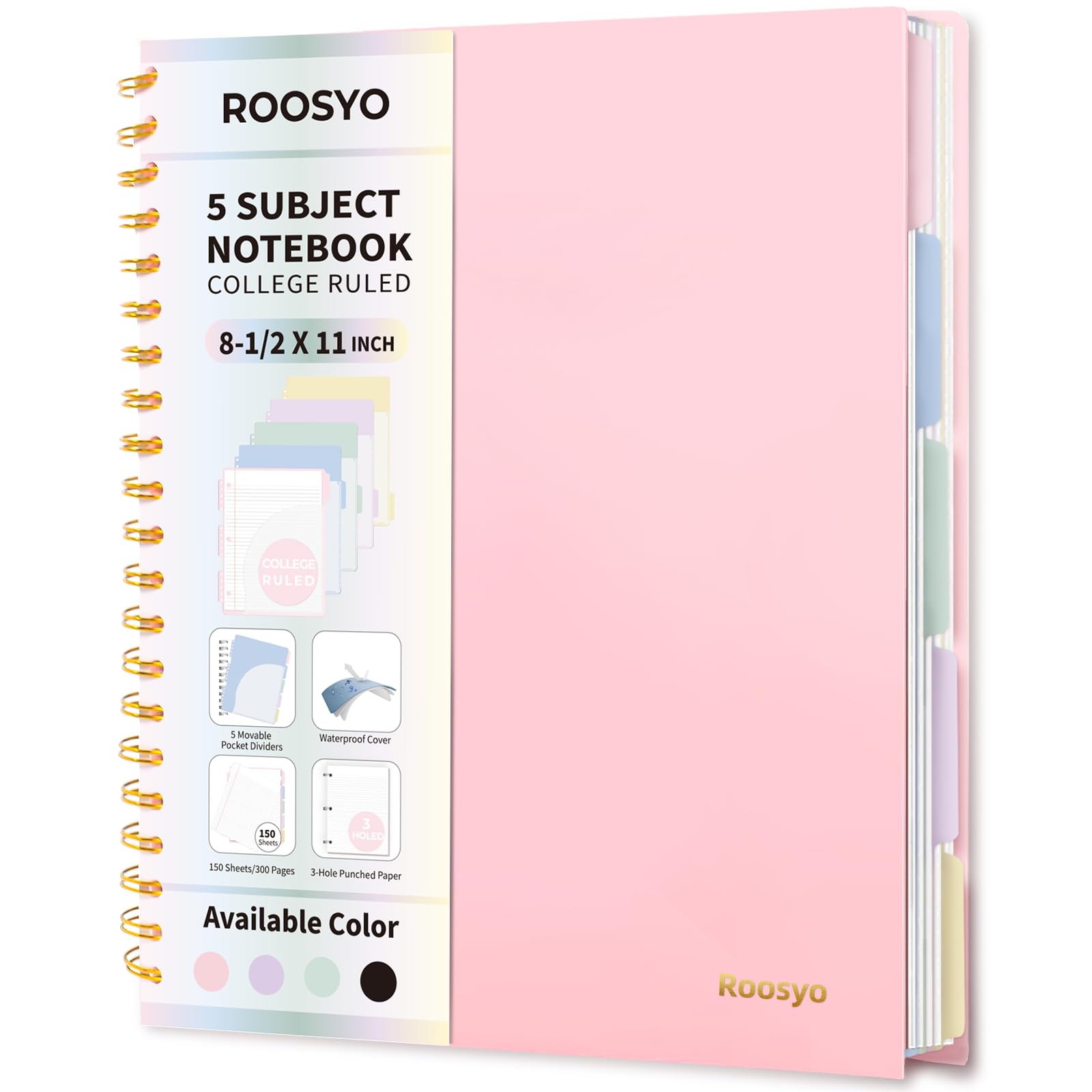 Photo 1 of Aesthetic 5-Subject Notebook College Ruled with 5 Movable Tab Dividers & Pockets, 150 Sheets, 3-Hole Punched, Spiral Notbook, Plastic Cover, Fits 8.5"x11", 68gsm Paper, Includes Writable Stickers – Cute School Journal or Office Supplies, Pink