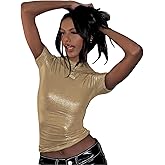 Women's Shiny Metallic Short Sleeve T Shirt Sexy Mock Neck Slim Crop Top Party Disco Club Tees
