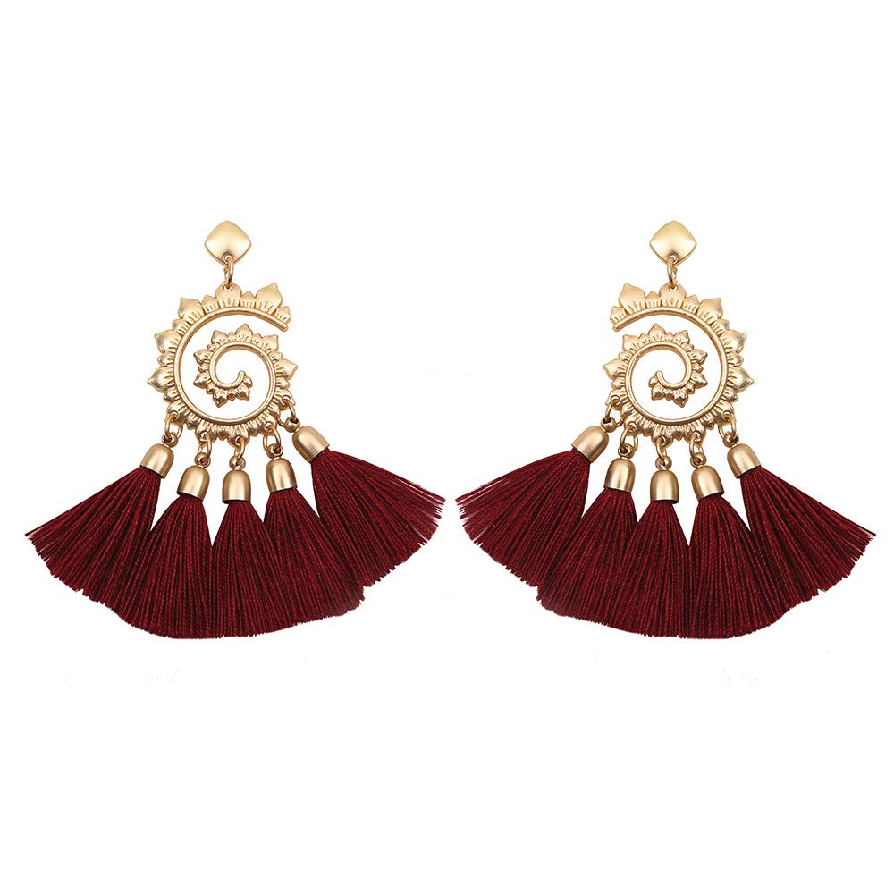 MVCOLEDY Women\'s Tassels Dangle Earrings Handmade Colorful Layered Tassel Elegant Jewellery Bohemian Style Ethnic Eardrop Drop Tiered Tassel Druzy Stud Earrings Women Gifts (Burgundy)