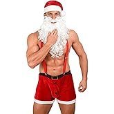 VZQI Mens Sexy Santa Costume Festive Red Velvet Shorts Set Suspenders Christmas Hat and Bell/Beard