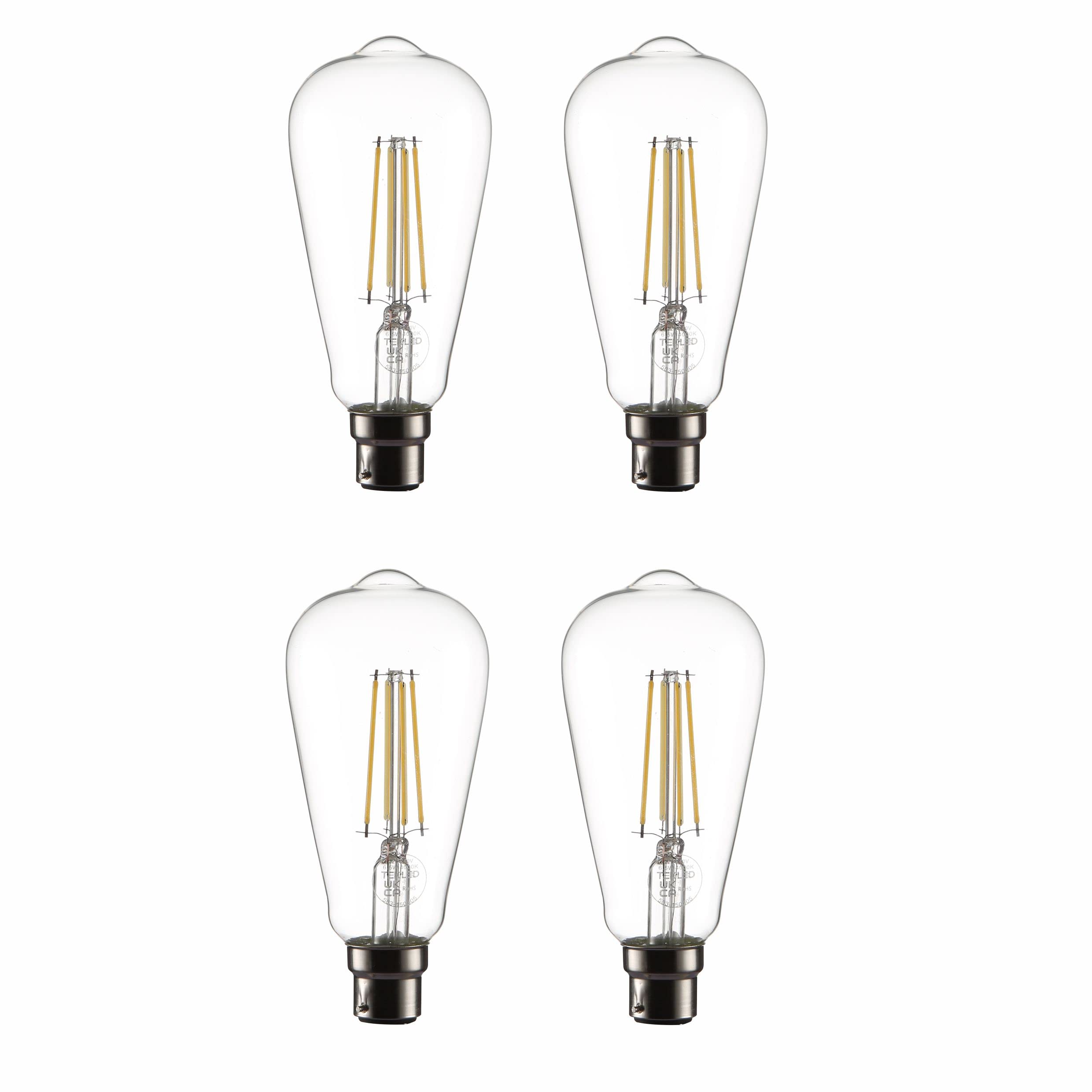 TEKLED® ST64 Filament Vintage LED Bulbs | B22 Bayonet Cap | Energy Saving 6.5W Light Bulb 60W Equivalent | NONDIMMABLE Clear 4000K 806LM | 4-Pack | Cool White