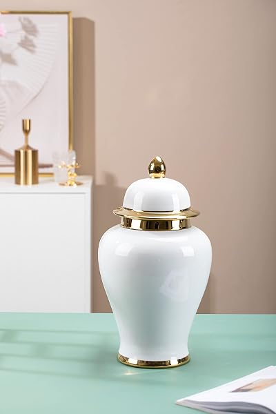 GALOURO WHITE GINGER JAR WITH GOLD TRIM, GINGER JAR VASE DECOR FOR CENTERPIECE, TABLE DECORATIONS, LIVING ROOM, SHELF, 15INCHES